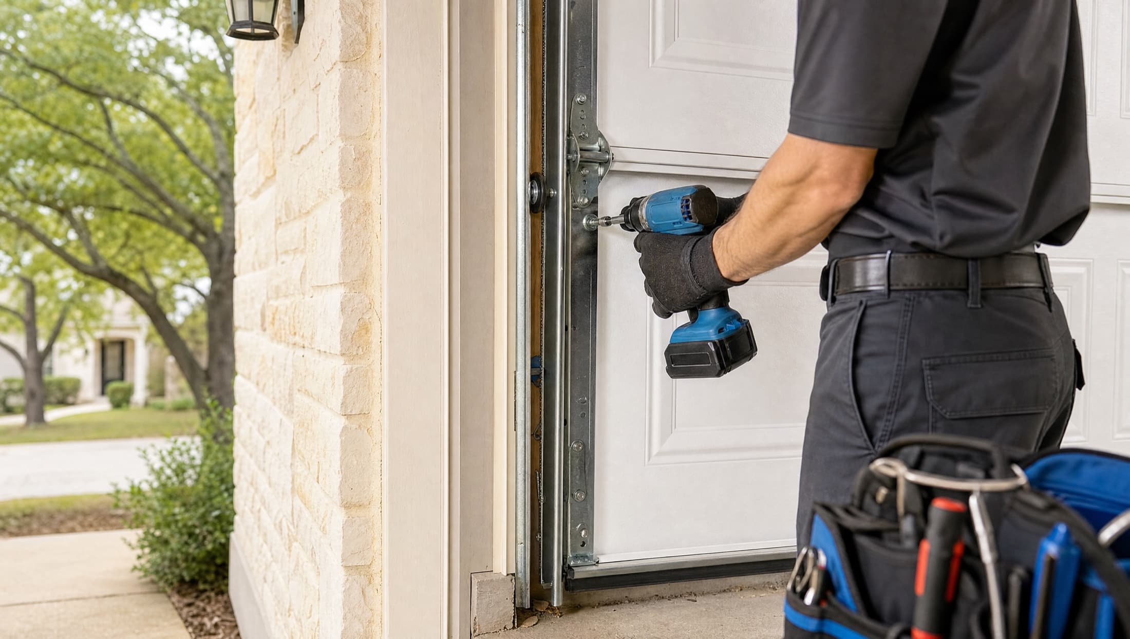 Technician safely servicing a roller and hinge on a residential garage door at a Central Texas home